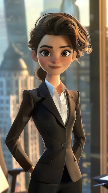 Animowana bizneswoman w odzieży biurowej z widokiem na miasto