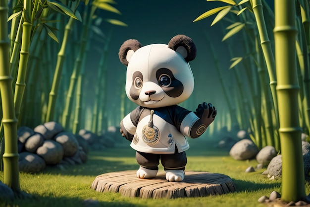 Zdjęcie animowana chińska panda skarbów narodowych bawiąca się w lesie bambusowym anime renderowania 3d tapeta