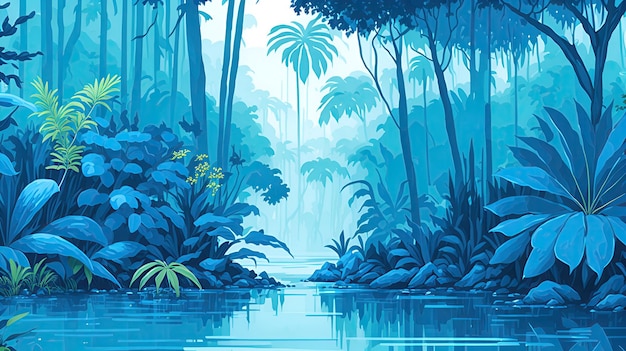 Animowana farba wodna lasu tropikalnego w kolorze niebieskim