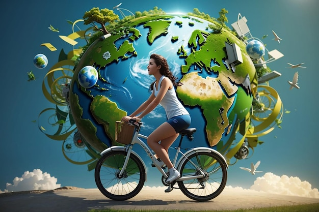 Zdjęcie animowana kobieta jeżdżąca na rowerze wokół ziemi obrócająca się planeta z symbolami ekologicznymi dla przyszłości odnawialne