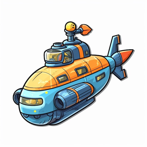 Animowana łódź podwodna z niebieskim i pomarańczowym kadłubem.