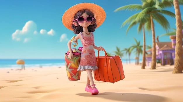 Animowana młoda kobieta w letnim stroju z kapeluszem i torbą stojąca na słonecznym patio