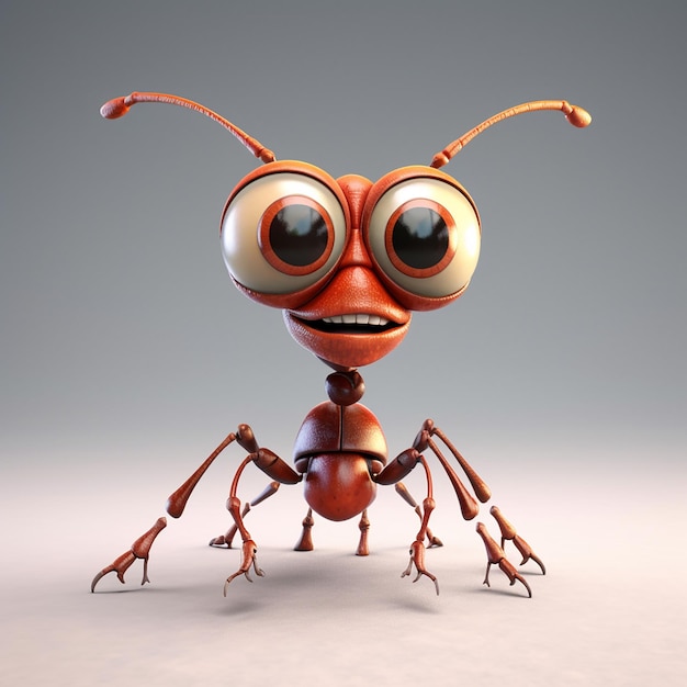 Animowana mrówka z dużym uśmiechem i dużym uśmiechem na twarzy.