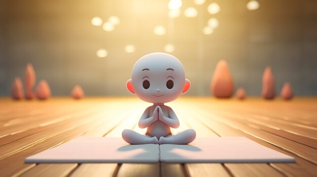 Animowana postać dziecka siedząca ze skrzyżowanymi nogami z rękami razem w pokojowym