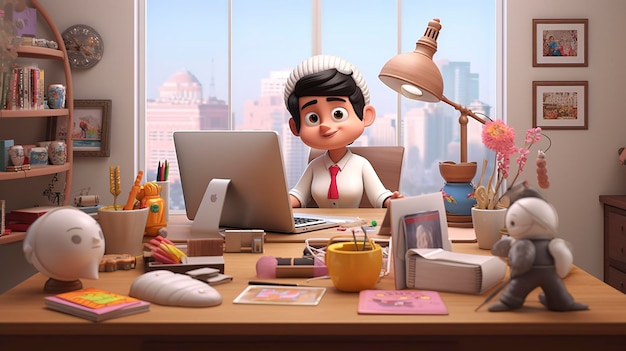 Animowana postać w biurze z laptopem, lampą biurkową i różnymi artykułami biurowymi