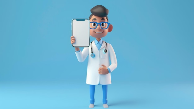 Animowana postać z kreskówki lekarza na smartfonie z pustym ekranem Izolowana sztuka klipowa na niebieskim tle Koncepcja aplikacji dla urządzenia medycznego