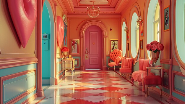 Zdjęcie animowana reprezentacja korytarza ozdobionego dziełami sztuki w kształcie serca i zakrzywionymi meblami