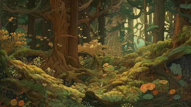 Animowana scena przedstawiająca las z grzybem na dnie.