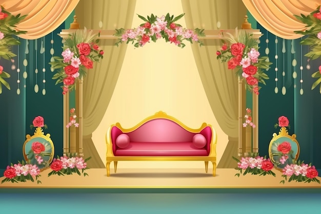 Animowana scena z sofą i różami.