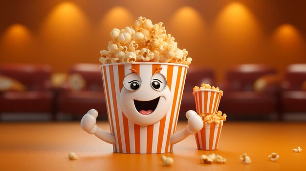 Animowana szczęśliwa postać z wiadrą z popcornem z podniesionymi ramionami na pomarańczowym tle