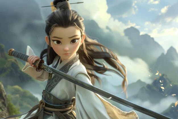 Zdjęcie animowana wojowniczka z mieczem przeciwko starożytnym chińskim górom