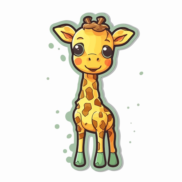Animowana żyrafa z zielonymi oczami i brązowymi plamami na stopach.