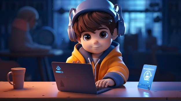 Animowane dziecko z słuchawkami używające laptopa w nocy ze smartfonem