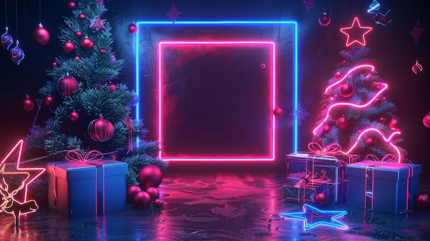 Animowane neonowe tło świąteczne z pudełkami podarunkowymi i ozdobami