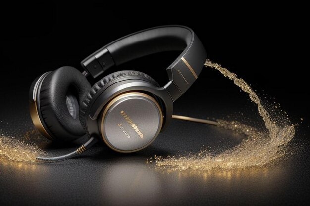 Zdjęcie animowane złote słuchawki obracające się na czarnym tle