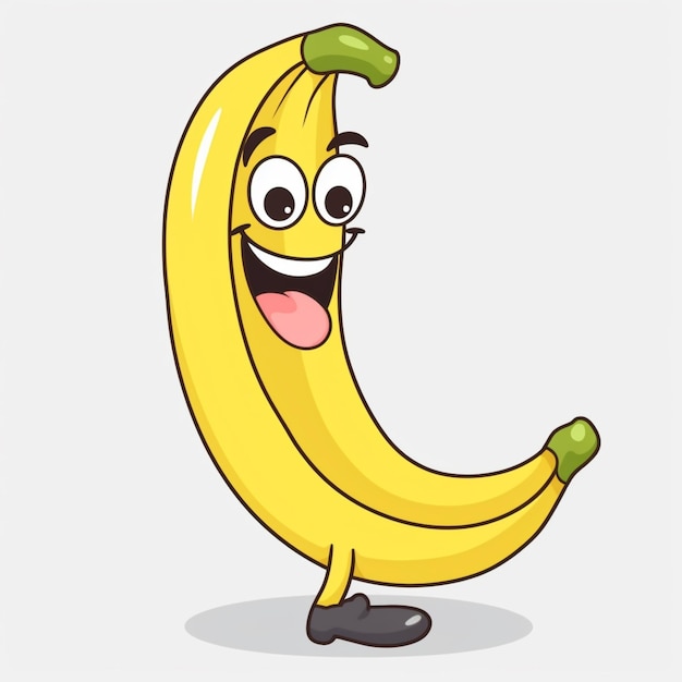Animowany banan z zabawną twarzą i dużym uśmiechem na twarzy.
