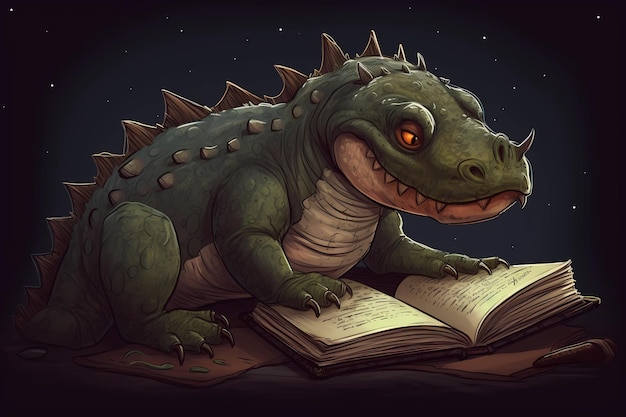 Animowany dinozaur czyta książkę z wizerunkiem jaszczurki.