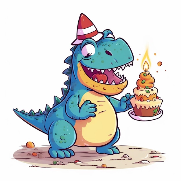 Zdjęcie animowany dinozaur z tortem urodzinowym i kapeluszem generatywnym ai