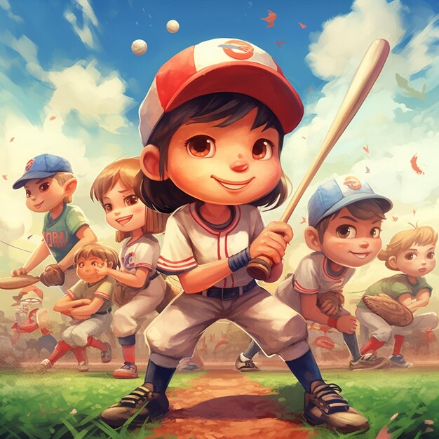 animowany gracz w baseball z kijem i grupą dzieci generatywnych ai