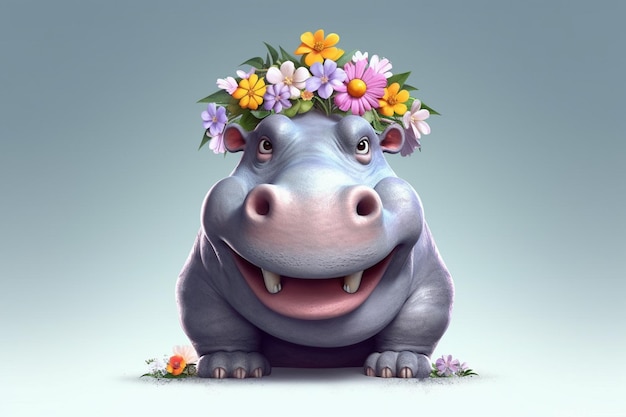 Animowany hipopotam z kwiatową koroną na głowie.