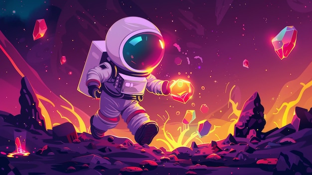 Animowany kosmonauta-dziecko łapiący świecące klejnoty na pozaziemskim krajobrazie z świecącą lawą na obcej planecie Współczesna ilustracja z kreskówek