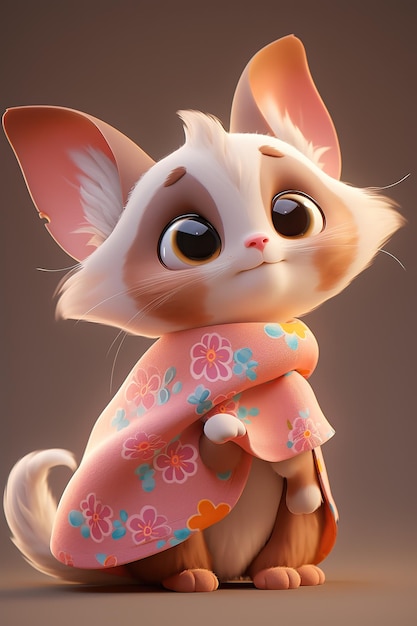 Animowany kot w różowym kimonie i smutnej twarzy.