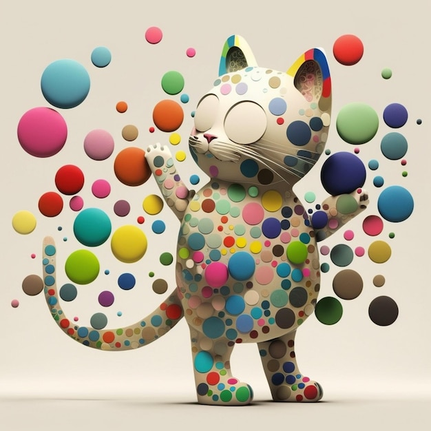 Animowany kot z kolorowymi kółkami na twarzy stoi z jedną ręką w górze, a drugą w górze.