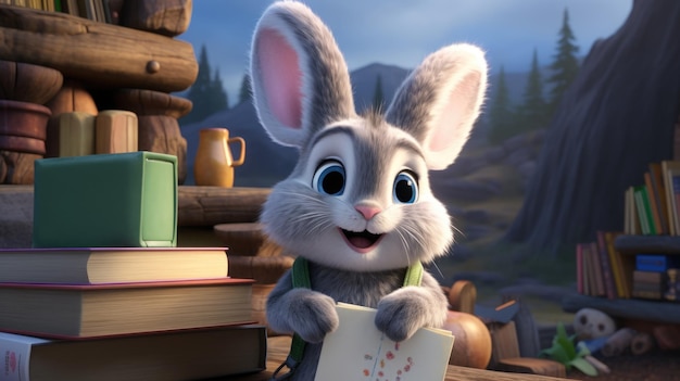 Zdjęcie animowany królik z książkami w zmierzchu