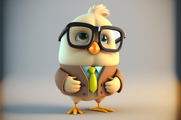 Animowany kurczak w okularach i krawacie z napisem „kurczak”