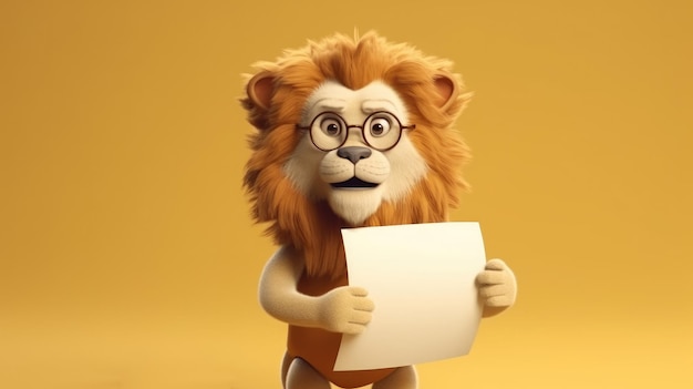Animowany lew trzymający przed sobą kartkę.
