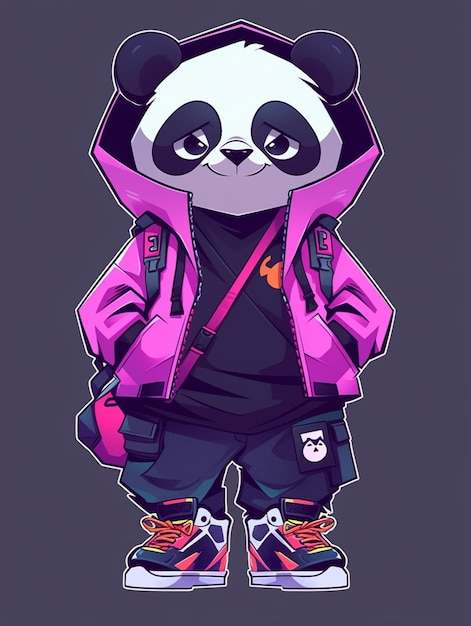 Animowany miś panda ubrany w różową kurtkę i czarne spodnie generatywne ai
