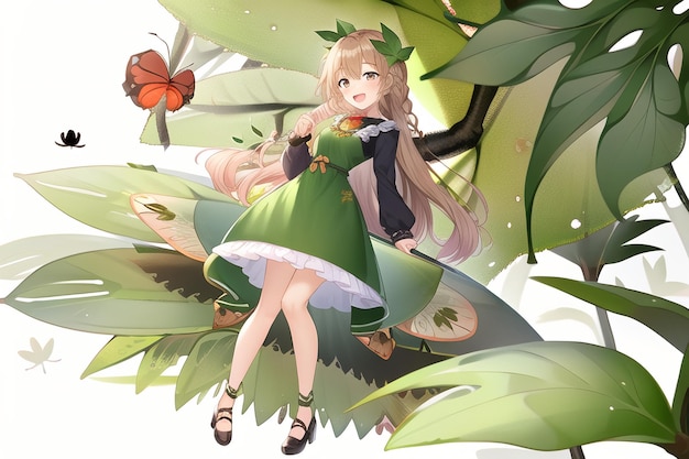 Animowany obraz dziewczyny w zielonej sukience z motylem na piersi.