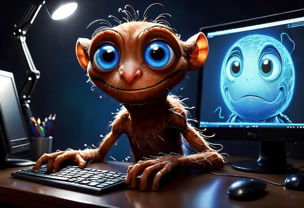 animowany portret webmistrza siedzącego w pobliżu monitora komputerowego z dużymi okrągłymi oczami