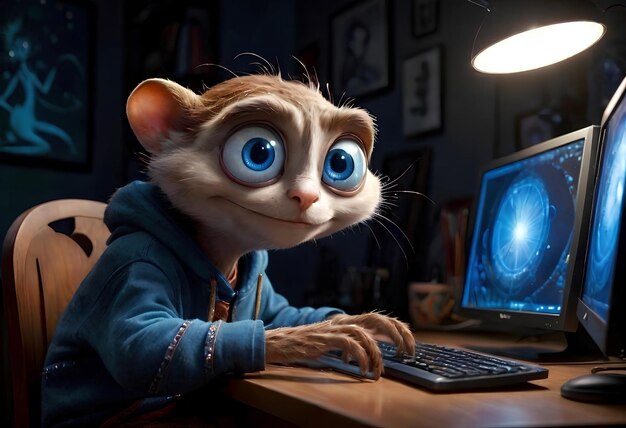 animowany portret webmistrza siedzącego w pobliżu monitora komputerowego z dużymi okrągłymi oczami