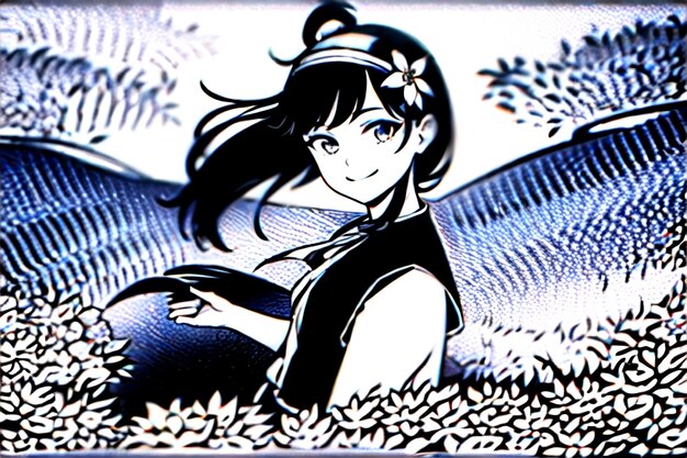 Zdjęcie animowany rysunek dziewczynki z niebieskim kwiatkiem po lewej stronie.