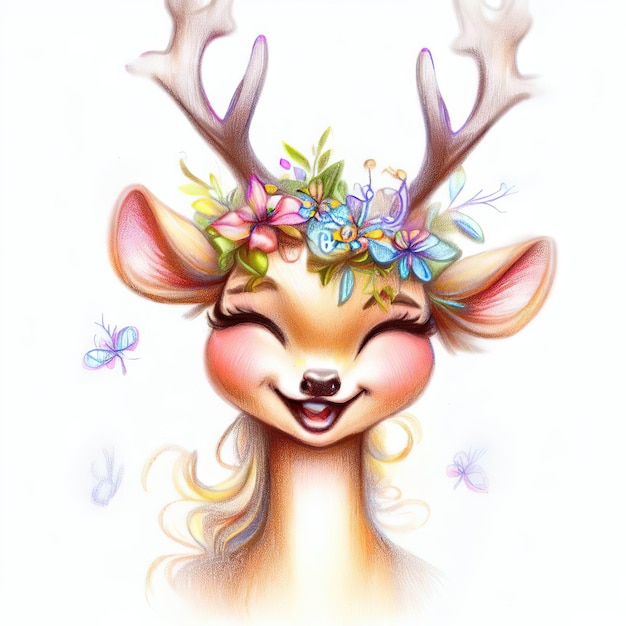 Zdjęcie animowany rysunek jelenia z kwiatami na głowie