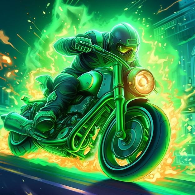 Zdjęcie animowany rysunek przedstawiający mężczyznę jadącego na motocyklu z płonącym z boku ogniem.