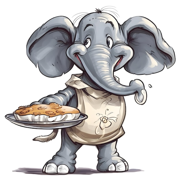 Animowany słoń trzymający talerz z jedzeniem i kawałkiem kurczaka.