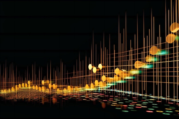 Animowany wykres finansowy ze złotymi monetami przekształcającymi się w punkty danych i zmieniające kolory linie