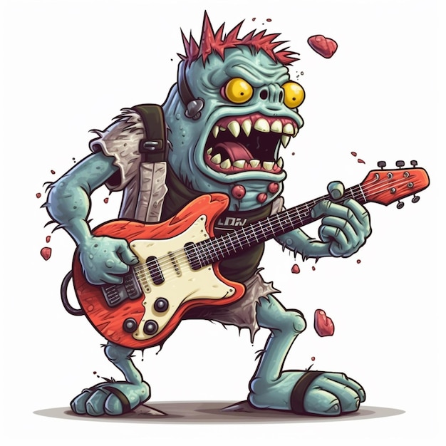 animowany zombie grający na gitarze z kamieniem w kształcie serca na szyi generatywną sztuczną inteligencją