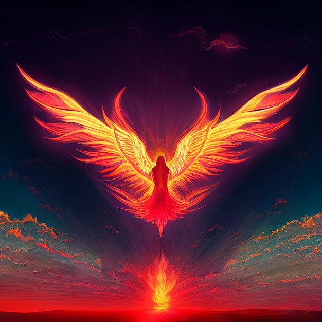 Anioł Ognia latający na czystym niebie