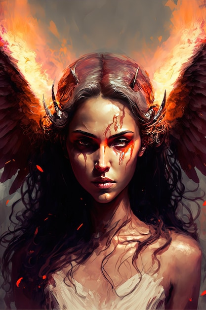 Anioł piekieł Piękna bogini z wielkimi rogami i skrzydłami Generatywna Ai