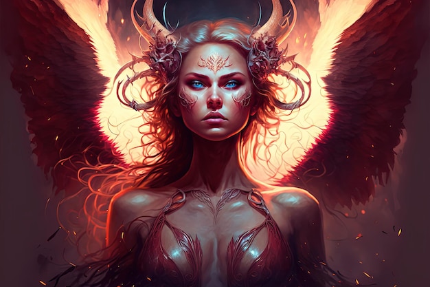 Anioł piekieł Piękna bogini z wielkimi rogami i skrzydłami Generatywna Ai
