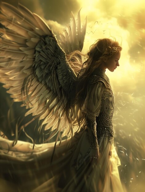 Zdjęcie anioł rozciąga skrzydła księżniczka nieba oszałamiająca nosząca lśniący pancerz osobliwości promieniują połączenie