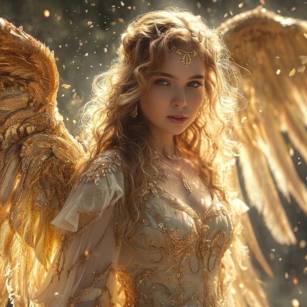 Anioł wspaniałe ilustracje zdjęcia z dużą parą skrzydeł i jasną aureolą