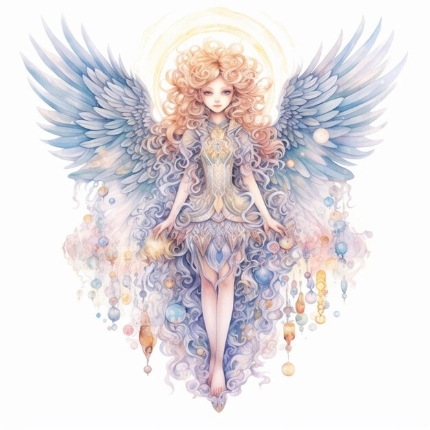 Zdjęcie anioł z niebieskimi skrzydłami i aureolą