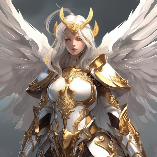 Aniołka z skrzydłami i rogami jest przedstawiona ze złotymi skrzydlami.