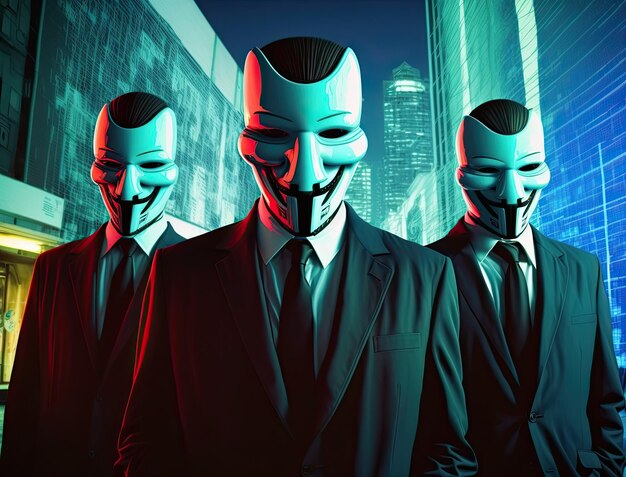 Anonimowa grupa hakerska nieznanych mężczyzn w czarnej bluzie z kapturem i białymi maskami