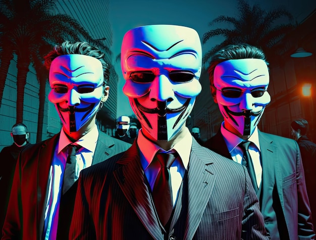 Anonimowa grupa hakerska nieznanych mężczyzn w czarnej bluzie z kapturem i białymi maskami