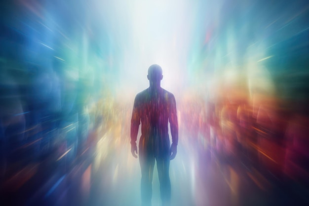 Zdjęcie anonimowa osoba ludzkie ciało z niewyraźną kolorową aurą wokół i tłum medytacja świat wewnętrzny energia ezoretyczna
